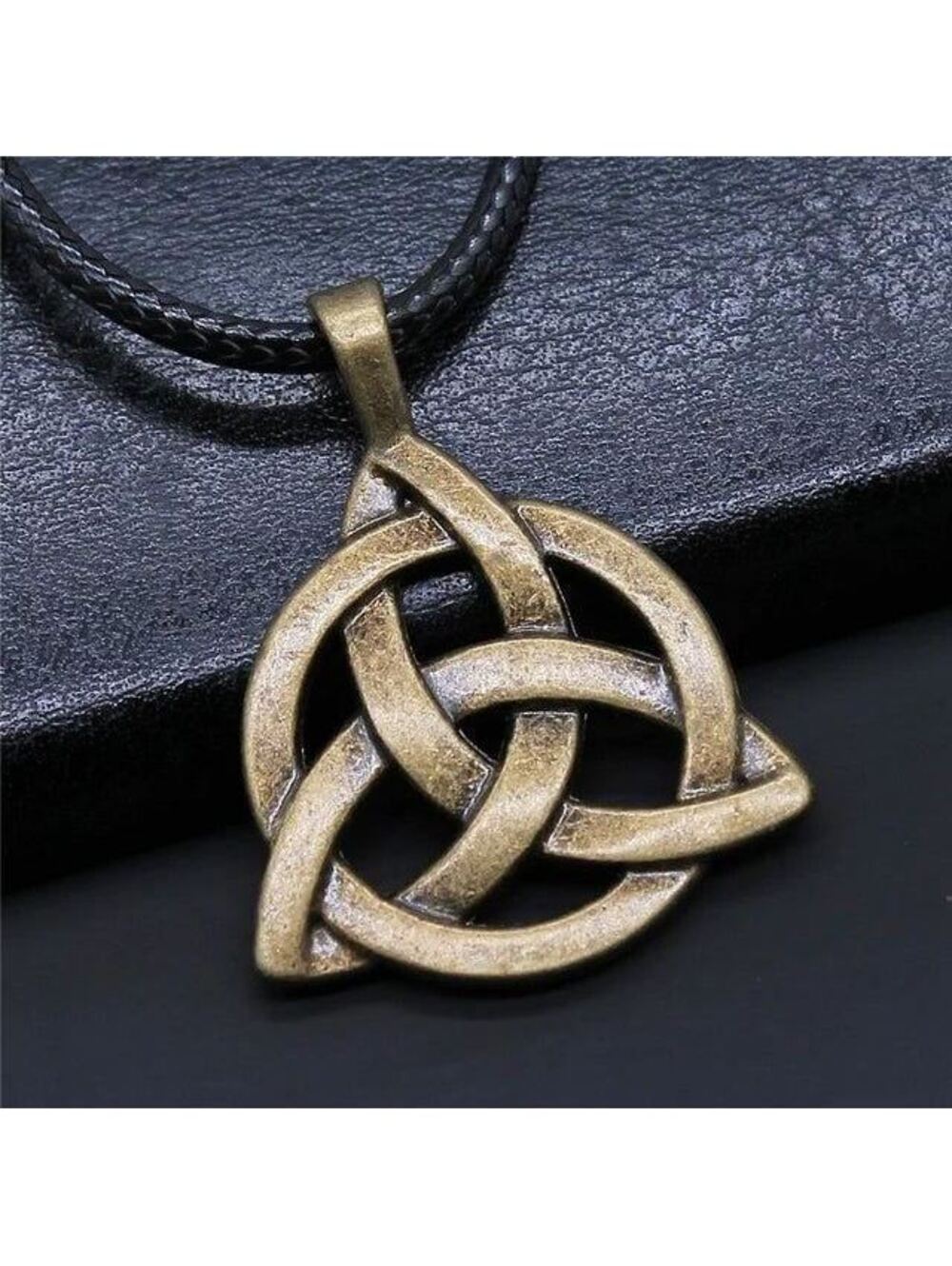 Bronze Triquetra Wiccan Pagan Irish Celtic Knot Black Vegan Leather Cord Pendant